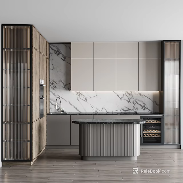Elegant Modern Kitchen Interior With Marble Backsplash Central Island And Wine Storage Cabinets 3d model