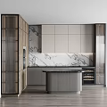 Elegant Modern Kitchen Interior With Marble Backsplash Central Island And Wine Storage Cabinets 3d model