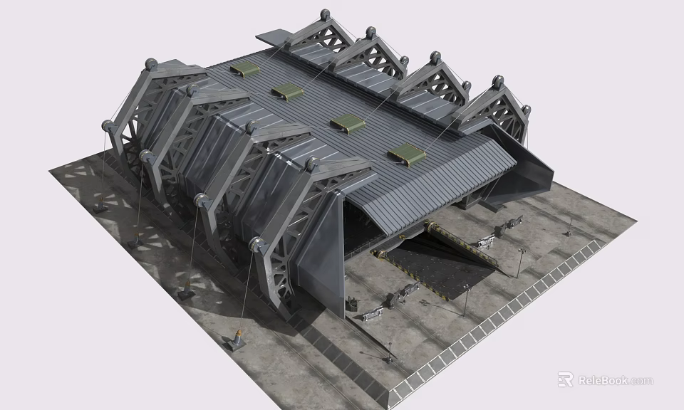 Industrial Factory Building With Metal Truss Roof Design And Supporting Structures 3d model 