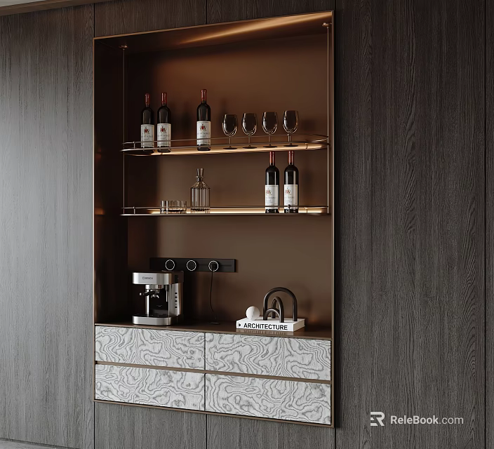 Modern Wooden Wine Cabinet With Shelves Wine Bottles Glasses Coffee Machine And Drawers 3d model 