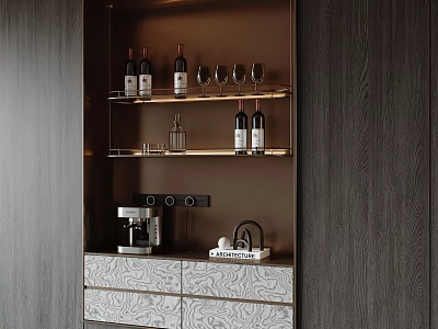 Modern Wooden Wine Cabinet With Shelves Wine Bottles Glasses Coffee Machine And Drawers 3d model