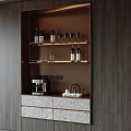 Modern Wooden Wine Cabinet With Shelves Wine Bottles Glasses Coffee Machine And Drawers