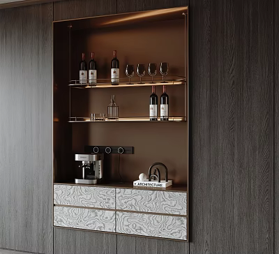 Modern Wooden Wine Cabinet With Shelves Wine Bottles Glasses Coffee Machine And Drawers 3d model