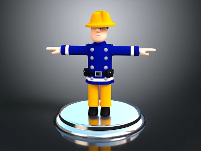 Firefighter Sculpture With Yellow Helmet Blue Uniform Yellow Pants Silver Base Arms Outstretched 3d model