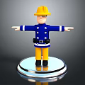 Firefighter Sculpture With Yellow Helmet Blue Uniform Yellow Pants Silver Base Arms Outstretched
