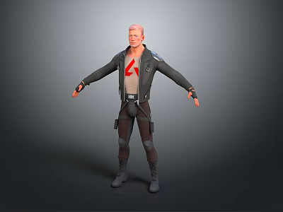 Man In Black Leather Jacket Red T-Shirt White Logo Brown Pants Black Boots Arms Outstretched 3d model