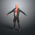 Man In Black Leather Jacket Red T-Shirt White Logo Brown Pants Black Boots Arms Outstretched