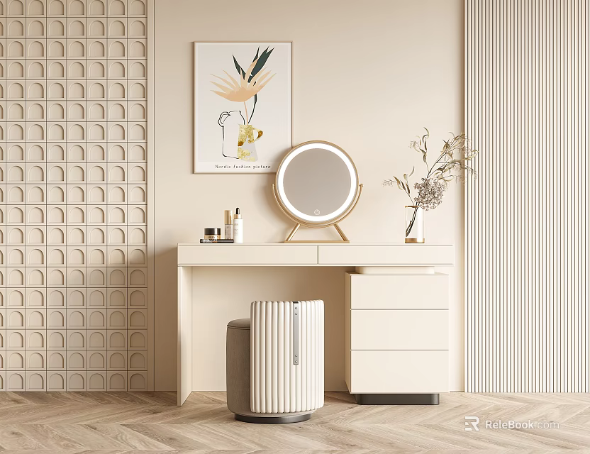 Elegant Dressing Table Interior With Round Mirror Makeup Items Artwork And Textured Walls 3d model 