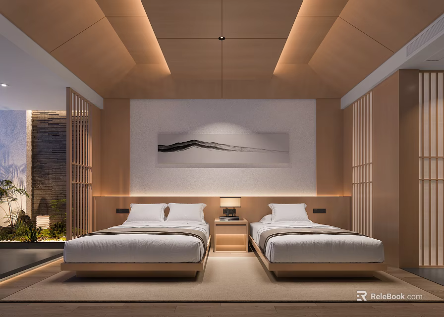 Hotel Guest Room With Japanese Style Twin Beds Wooden Ceiling Warm Lighting And Wall Painting 3d model 
