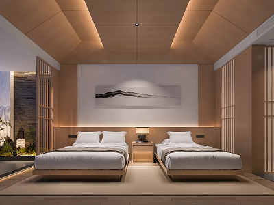 Hotel Guest Room With Japanese Style Twin Beds Wooden Ceiling Warm Lighting And Wall Painting 3d model