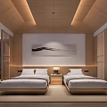 Hotel Guest Room With Japanese Style Twin Beds Wooden Ceiling Warm Lighting And Wall Painting