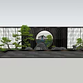 Traditional Rockery Stones Arrangement with Circular Window Pine Trees and Geometric Patterned Wall