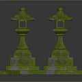 Two Green Moss Covered Stone Lanterns With Ornate Pedestal Base Design