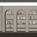 Modern White Arched Bookcase With Books Decorative Vases And Soft Lighting