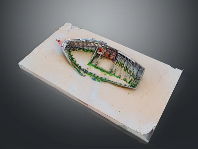 Detailed Model Boat Display On Light Colored Base With Green Plants And Red Structures 3d model