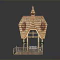 Wooden Pavilion Design With Tiled Roof Pagoda Top Columns Railing And Hanging Plants