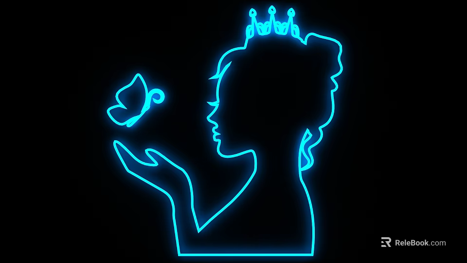 Blue Neon Decorative Light Featuring Woman Silhouette with Crown and Butterfly 3d model 