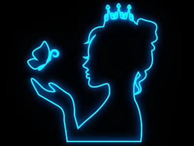 Blue Neon Decorative Light Featuring Woman Silhouette with Crown and Butterfly 3d model
