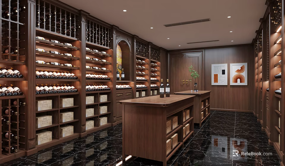 Luxury Wine Cellar With Wooden Racks And Bar Counter 3d model 