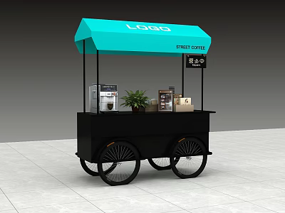 Blue Canopy Coffee Cart With Black Body Coffee Machine Plant And Items 3d model