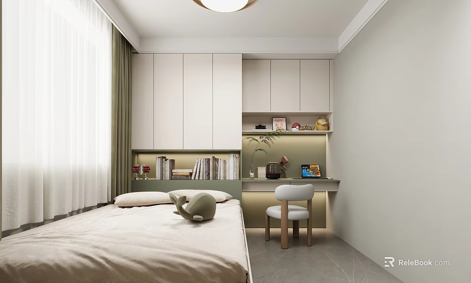 Modern Tatami Bedroom Interior Design With Bedding Bookshelf Desk And Window Curtains 3d model 