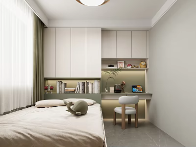 Modern Tatami Bedroom Interior Design With Bedding Bookshelf Desk And Window Curtains 3d model
