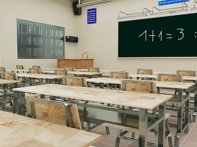 Educational Classroom Furniture Set Including Wooden Desks Metal Chairs And Blackboard 3d model