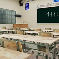 Educational Classroom Furniture Set Including Wooden Desks Metal Chairs And Blackboard