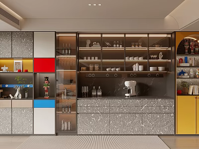 Modern Wine Cabinet With Glass Shelves Holding Wine Bottles And Glassware 3d model