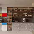 Modern Wine Cabinet With Glass Shelves Holding Wine Bottles And Glassware