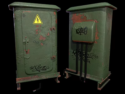 Green Industrial Electrical Equipment Featuring Rust Peeling Paint Graffiti And Warning Sign 3d model