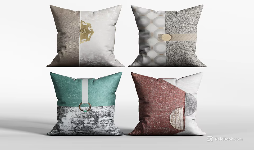 Stylish Multi Colored Throw Pillows with Geometric Patterns and Metallic Accents 3d model