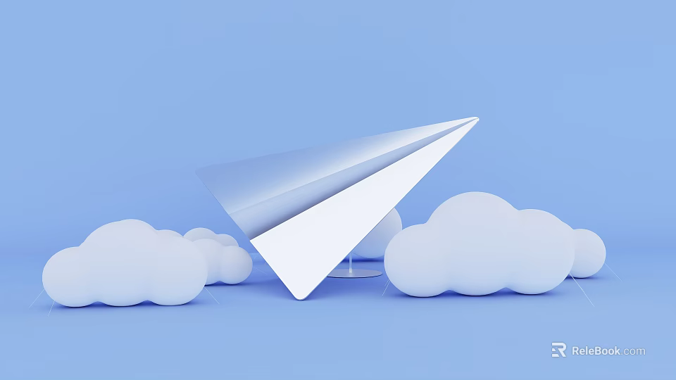 Art Installation Featuring White Paper Airplane With White Clouds On Blue Background 3d model 