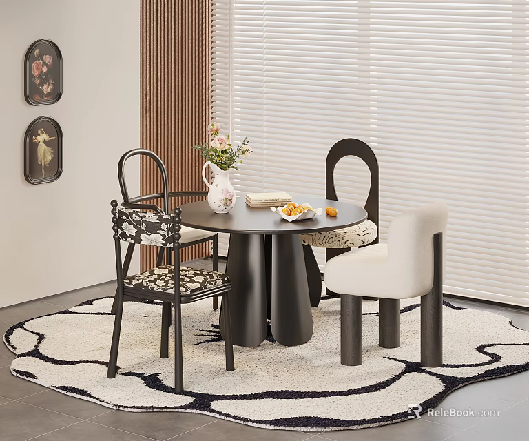 Stylish Restaurant Round Dining Table With Different Design Chairs Vase Flowers Fruits And Patterned Rug 3d model 