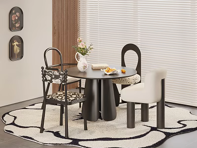 Stylish Restaurant Round Dining Table With Different Design Chairs Vase Flowers Fruits And Patterned Rug 3d model