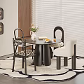 Stylish Restaurant Round Dining Table With Different Design Chairs Vase Flowers Fruits And Patterned Rug