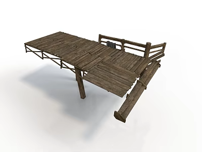 Rustic Wooden Outdoor Platform With Planks Railings And Support Posts 3d model