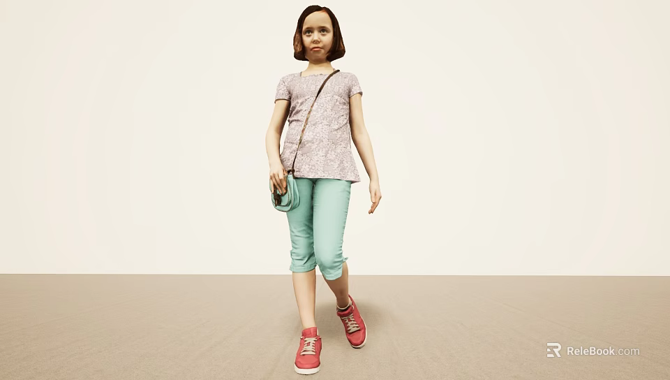Woman In Short Sleeve Top Light Green Capri Pants With Red Shoes And Small Bag 3d model 