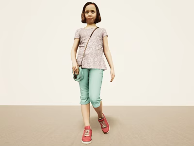 Woman In Short Sleeve Top Light Green Capri Pants With Red Shoes And Small Bag 3d model