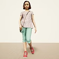 Woman In Short Sleeve Top Light Green Capri Pants With Red Shoes And Small Bag