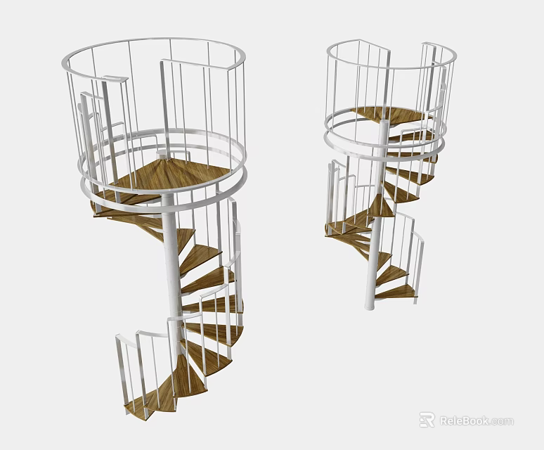 Two Modern Spiral Staircases with White Metal Railings and Wooden Treads 3d model 