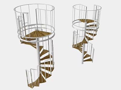 Two Modern Spiral Staircases with White Metal Railings and Wooden Treads 3d model