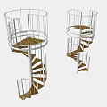 Two Modern Spiral Staircases with White Metal Railings and Wooden Treads