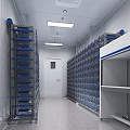 Organized Specialty Store Interior With Blue Shelves White Walls And Ceiling Lights