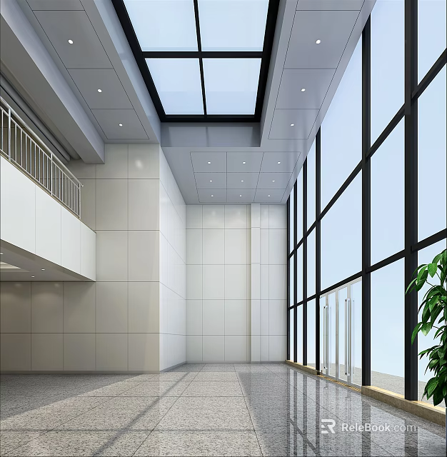 Modern Store Front Desk Interior With Large Glass Windows And Recessed Ceiling Lights 3d model