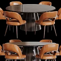 Modern Round Dining Table Set With Dark Tabletop And Six Brown Leather Chairs