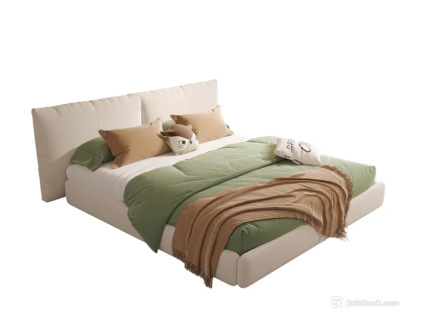 Cozy Double Bed With Cream Colored Headboard Green Quilt Brown Blanket And Pillows 3d model 