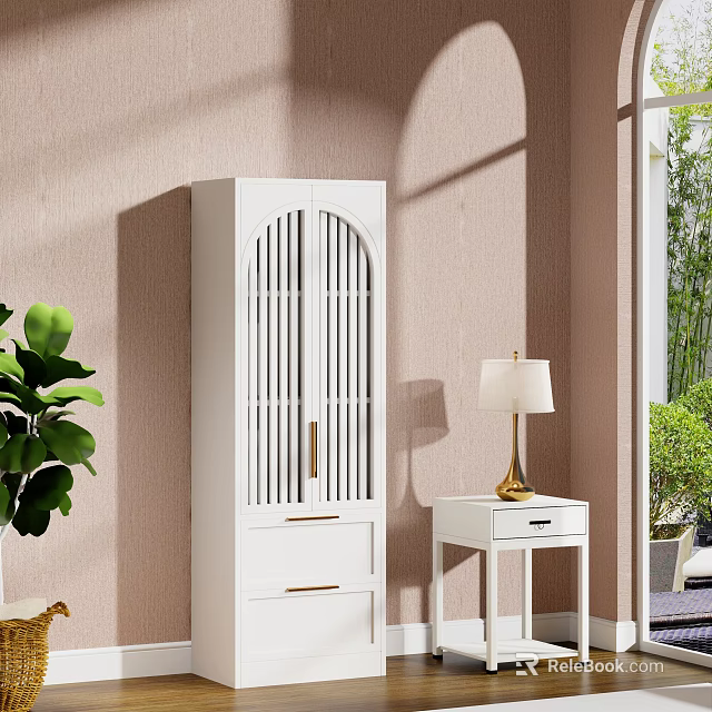 White Storage Cabinet with Gold Handles and Indoor Side Table with Table Lamp 3d model 