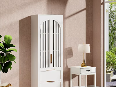 White Storage Cabinet with Gold Handles and Indoor Side Table with Table Lamp 3d model