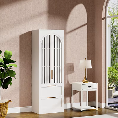 White Storage Cabinet with Gold Handles and Indoor Side Table with Table Lamp 3d model